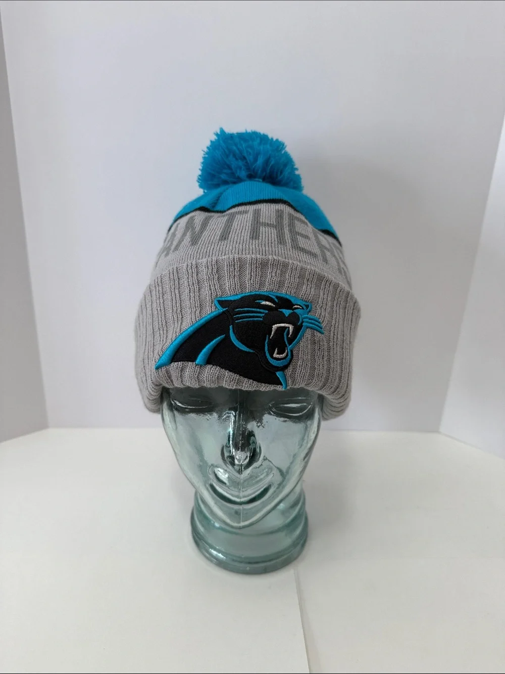 New Era Carolina Panthers NFL Gray and Teal Pom Beanie